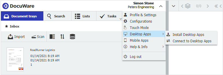 Меню DocuWare Client с пунктами Desktop Apps, Install Desktop Apps и Connect to Desktop Apps